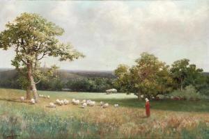 YOUNG Alexander 1865-1923,A shepherdess with her sheep in a field,1914,Bruun Rasmussen DK 2024-03-18