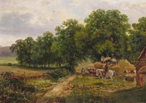 Young Edwin 1831-1913,Pastoral scene with farm hands unloading hay in a ,Woolley & Wallis 2018-03-07