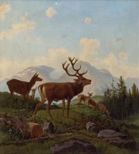 ZÜRNICH Josef 1829-1902,Hirsch und Rehe vor Bergkulisse,1902,Palais Dorotheum AT 2007-11-20