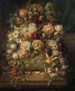 ZATZKA Hans 1859-1945,Prächtiges Blumenarrangement mit Vogel und Schmett,Peter Karbstein 2024-03-16
