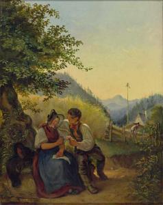 ZEILER Franz 1820-1875,Liebespaar in Tracht unter einem Baum in sommerlic,Zeller DE 2019-09-11