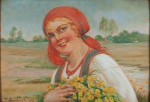 ZELECHOWSKI Kacper 1863-1942,Girl in a red scarf with marigolds,Desa Unicum PL 2023-07-06