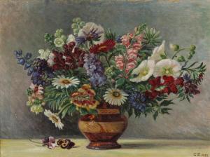 ZERNICHOW Cathrine Helene 1864-1942,Still life with wild flowers in a striped ,1923,Bruun Rasmussen 2023-01-23