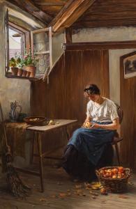 ZEWY Carl 1855-1929,„Junge Frau beim Apfelschälen\“,1916,im Kinsky Auktionshaus AT 2022-06-28
