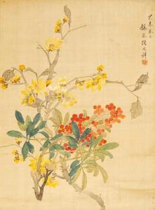 ZHAOXIANG Zhang 1852-1908,Flowering kapok twigs and nandina,1895,Van Ham DE 2019-12-05