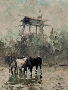 ZIEGLER Eustace Paul 1881-1969,Three horses watering at a river with a log cache ,Bonhams 2017-11-20