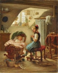 ZUCKMAYER C 1800-1800,Stube mit schlafendem Kind in der Wiege unter Aufs,1869,Allgauer DE 2013-01-12